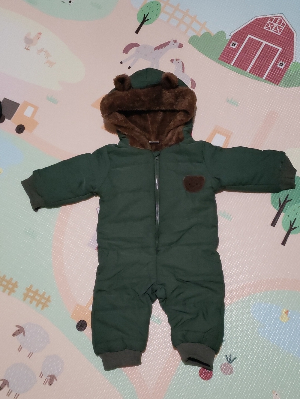 Green Baby Snowsuit with Brown Faux-Fur Hood